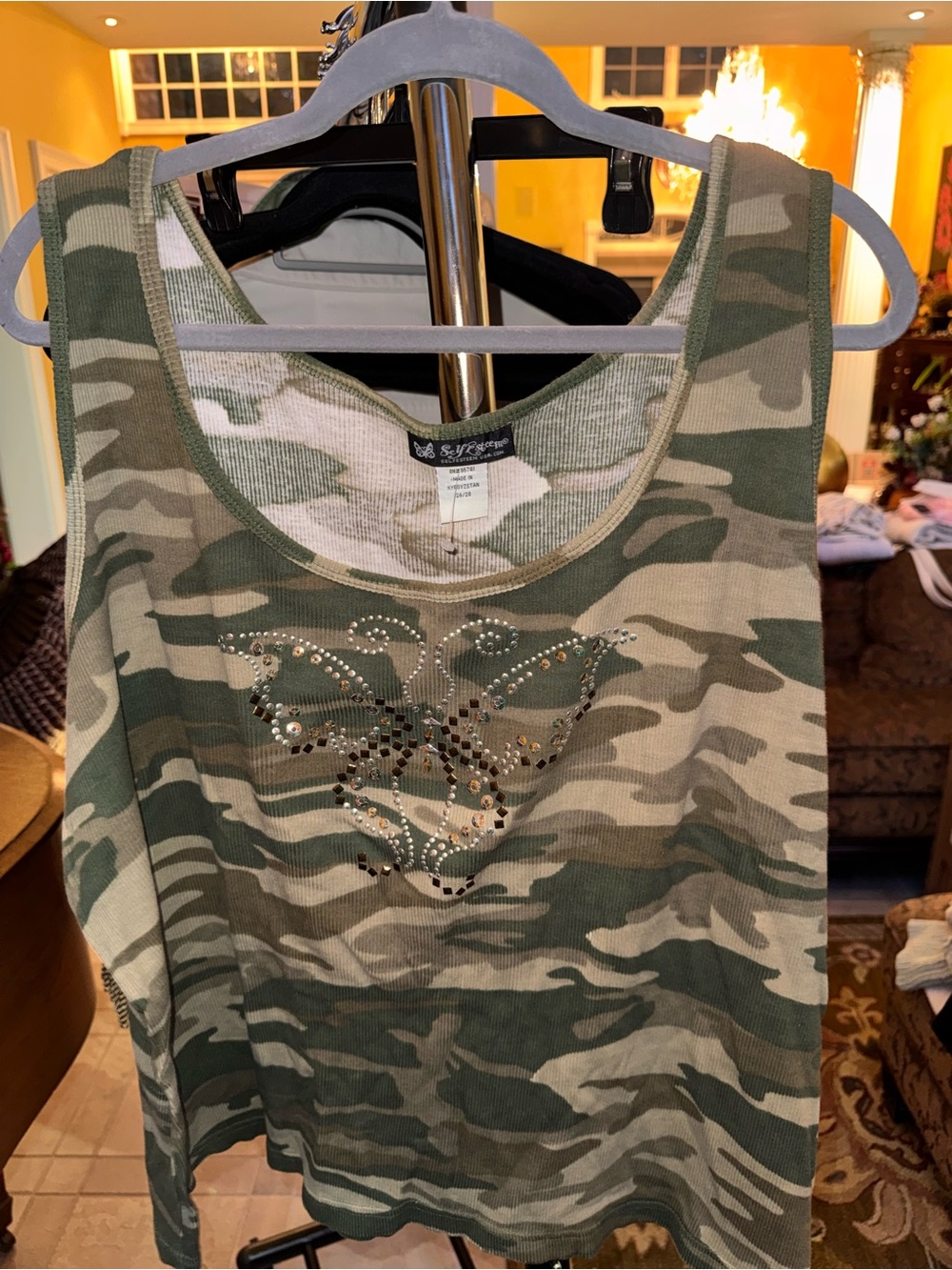 Self esteem Camo Tank Top with Studded Butterfly - Green